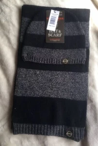 Black Gray Stripe Knit Men’s Scarf Beanie Cap Gift Weatherproof Garment Company - Picture 1 of 7