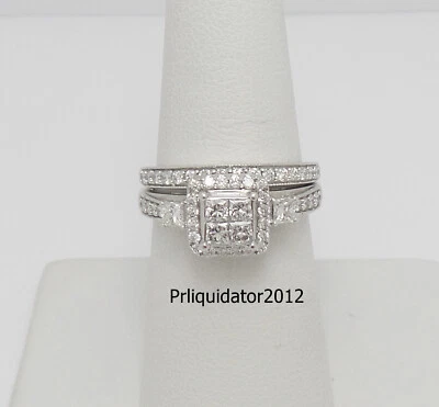 Conjunto de anillo de boda de compromiso de diamantes de princesa natural de 1 quilate de oro blanco de 10 quilates Foto 1 de 4