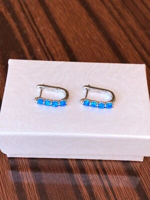 925 Sterling Silver Blue Opal Rectangle Huggie Hoop Earrings Women 15mm x2.8mm - Image 1 of 4