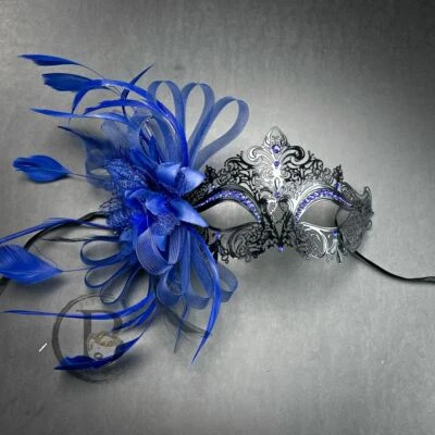Luxury Masquerade Masks Black Masquerade Mask Blue Feathers - Image 1 of 3