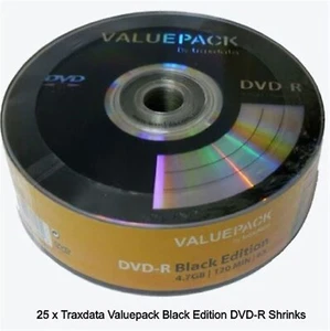 25 x Traxdata ValuePack Black Edition DVD-R Speed 8x Disc 4.7GB Logo Shrink New - Picture 1 of 13