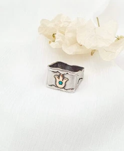 Anillo vintage de plata de ley 925 y oro piedra turquesa hecho a mano anillo para mujer años 90 - Imagen 1 de 4