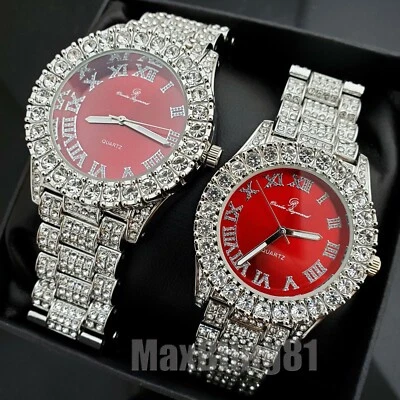 Hip Hop Iced Lab Diamond Silver PT Metal Band Red Dial Fashion Watch Couple Set Foto 1 de 3
