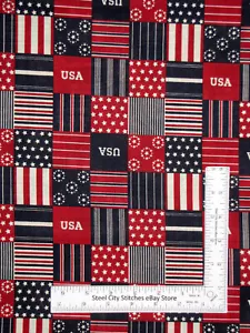 Patriotic Fabric USA Stripe Star Circle Stars Patch Red Cream Cotton Santee Yard - Picture 1 of 1