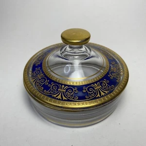 Blue And Gold Trinket Candy Dish Clear Glass Covered Ornate Vanity Vintage - Picture 1 of 11