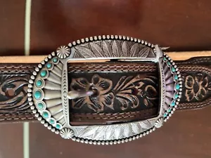 New Justin Brown Leather Western Silver Tone Buckle Size 40-42 w/turquoise bds - Picture 1 of 2