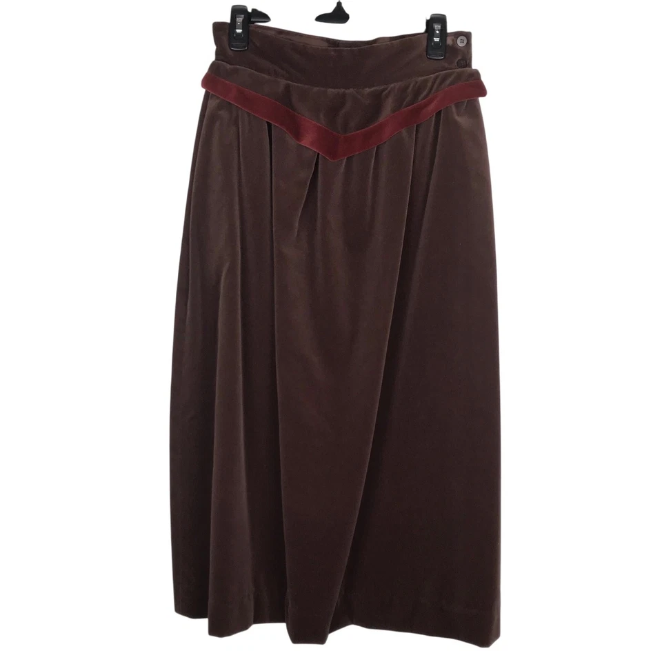 Vintage Linea V Midi Skirt Brown Velour Red V Waist Pockets Size 8 Made In USA - Image 1 of 4