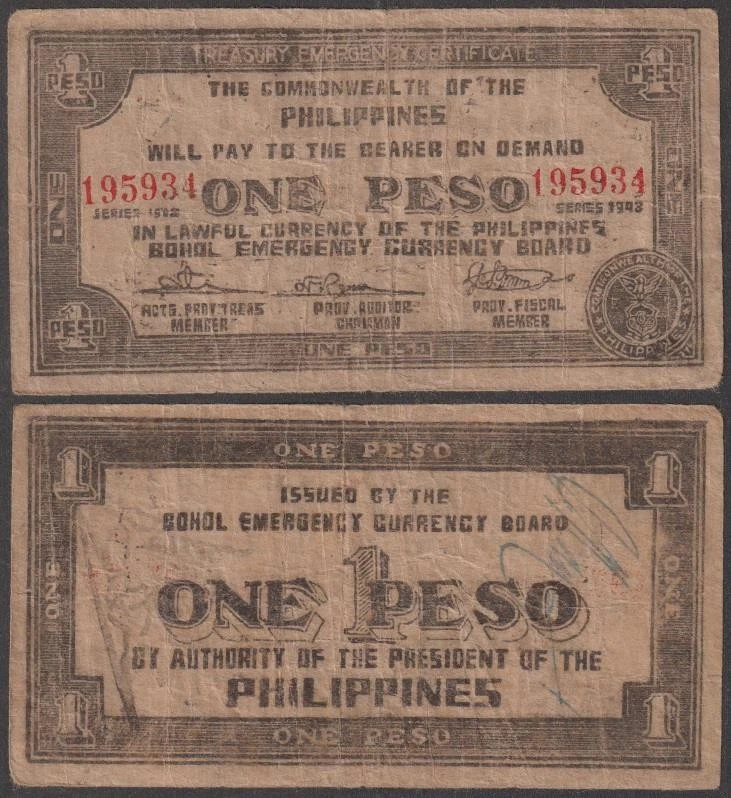 Filipinas - Segunda Guerra Mundial - Bohol, 1 Peso, 1943, VF++, P-S139 Foto 1 de 1