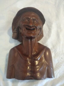 Antigua estatua de busto de madera tallada a mano anciano japonés de 1800 - Imagen 1 de 7