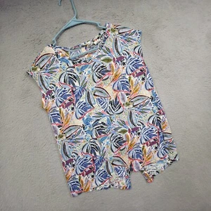 C&C California Top Womens M Blue Button Down Back Linen Floral Tropical Coastal - Picture 1 of 16