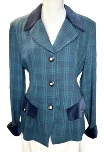 VINTAGE VALENTINO SKIRT SUIT WOOL TWEED JACKET BLAZER 2PC SET GREEN TARTAN 4/6 - Picture 1 of 21