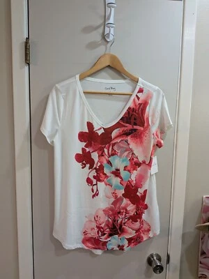 NWT Coral Bay White V-Neck Little Blingy Floral Print SS Top Sz. L Ladies - Image 1 of 4