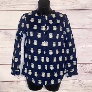 Camisa J Crew Crewcuts Niñas 12 Azul Blanco Estampado Búho 1/2 Botón Túnica Manga Larga - Imagen 1 de 9