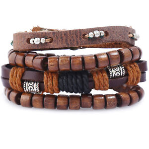 4pcs Tribal Wood Beads Rope Braided Faux Leather Mens Womens Wristband Bracelet