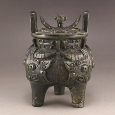 Quemador de incienso de 3 patas con orejas dobles diseño bestia alto relieve de bronce vintage Foto 1 de 4