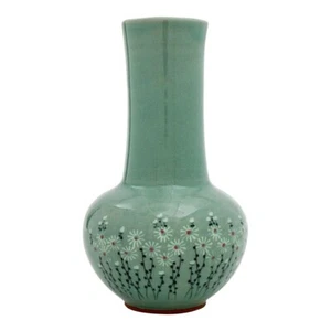 Korean Celadon Crackle Glaze Ceramic Vase, 20th Century Floral Jade Color - Picture 1 of 6