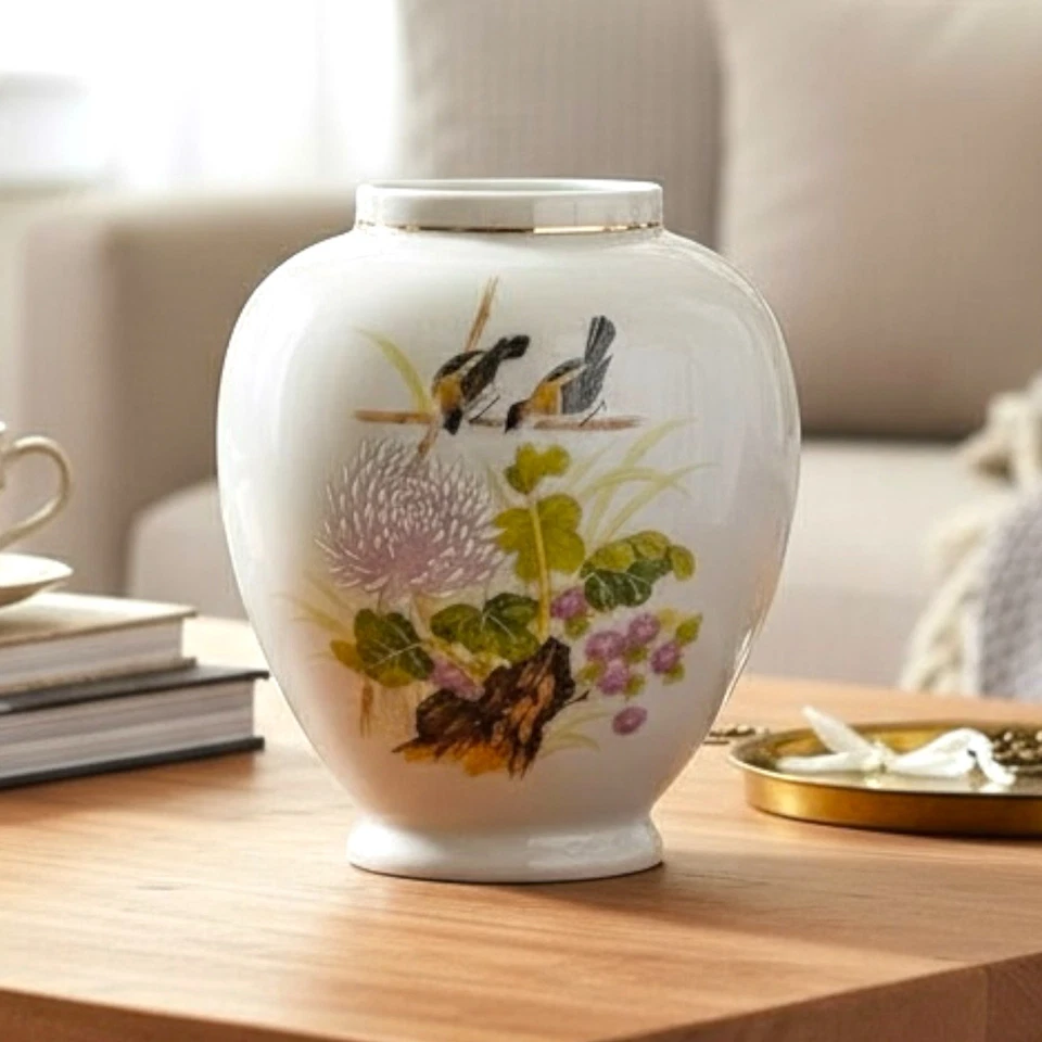 "Florero Ardco Japón Calidad Fina C-3997 - Pájaros y Crisantemos - Borde Dorado - 4,5""" Foto 1 de 4