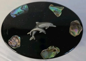 Vintage Oval Trinket Box With Mother Of Pearl And Dolphin Design Within The Face - Picture 1 of 4