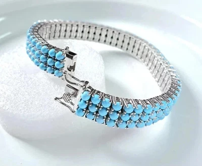11CT Round Cut Lab Created Turquoise Men's Tennis Bracelet 14K White Gold Finish - Image 1 of 4