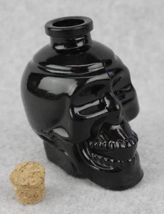 Skull Head Glass Bottle Decanter Cork Top 6 oz Black 4" Tall Halloween Decor - Picture 1 of 7