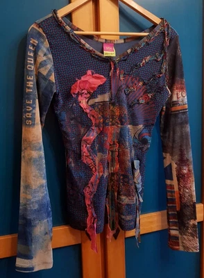 РЕДКАЯ SAVE THE QUEEN сетки верхний футболка London печать богемное длинным рукавом нейлона SIze L - Изображение 1 из 4