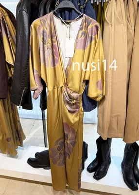 ZARA NEW WOMAN SATIN PRINTED MIDI DRESS FLORAL BROWN GREEN  9186/234/054 - Image 1 of 2