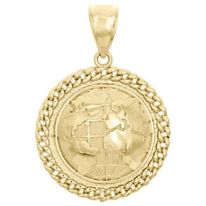 10K Yellow Gold World Map Globe Diamond Cut Pendant 1.70" Miami Cuban Link Charm - Picture 1 of 6