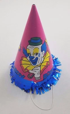 Sombrero vintage de payaso de circo feliz cumpleaños fiesta cono de papel rosa bozo azul flecos Foto 1 de 3