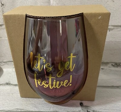 ” Let's Get Festive” Red/Pink 18 oz Stemless Wine Glass Celebrations Christmas - Image 1 of 4