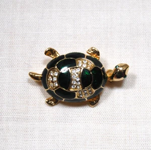Vintage Turtle Rhinestone Green Enamel Gold Tone Brooch Pin - Picture 1 of 2