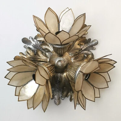 VINTAGE BANCI FLUSH MOUNT ITALIAN TOLE CEILING LIGHT MOTHER OF PEARL FLOWERS - Image 1 of 4