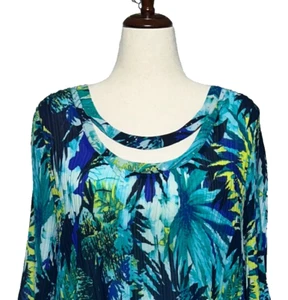 Catherines Top Womens 2X 22-24W Blue Green Tropical Accordion Pleat Bell Sleeve - Picture 1 of 10