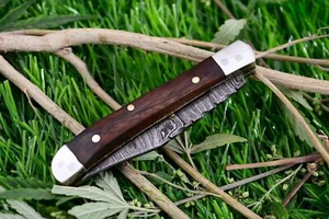 CUSTOM HAND FORGED Damascus Steel Mini Trapper Folding Pocket Knife With Sheath - Picture 1 of 3
