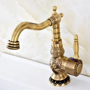 Antique Brass Carved Flower Pattern Kitchen Sink Faucet Swivel Mixer Tap msf127 - Picture 1 of 9