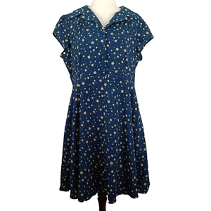 Princess Highway Shirt Sleeve Dress Dark Blue Teal Floral Print Size 14 - Picture 1 of 10