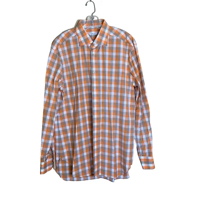 Camisa social masculina kiton tamanho 17 43 laranja branca bronzeada xadrez manga longa Itália - Imagem 1 de 4
