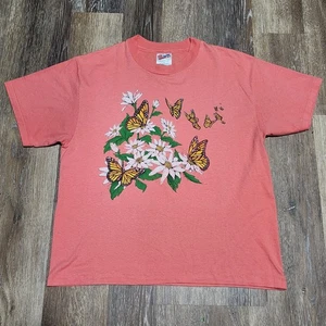 Vintage 90s 1994 Garden Flower T-Shirt Size L Pink USA CTM Butterflys Hanes 50/50 - Bild 1 von 13