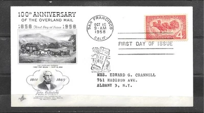 1958 Art Craft 4Cent OVERLAND MAIL 100TH ANNIVERSARY Scott #1120 First Day Cover - Image 1 of 2