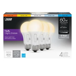 Feit Electric A19 LED Light Bulb, 60W Equivalent, 5CCT, Dimmable, E26 Medium - Picture 1 of 6