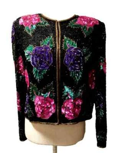 Vtg 80's Night Vogue Women's Glamour All Over Sequin Beaded Silk Floral Jacket L - Picture 1 of 12