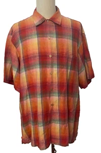 Scott Barber 100% Linen Shirt Men's XL Pink Orange Plaid Button Up Short Sleeve - Picture 1 of 7