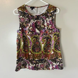 Talbots Paisley Sleeveless Blouse Purple Green Tank Lined Cotton Sz 8 - Picture 1 of 7