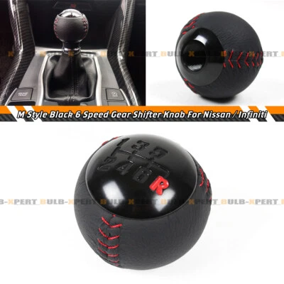 Perilla de cambio manual redonda de 6 velocidades de cuero con costura roja para Nissan Infiniti Foto 1 de 4