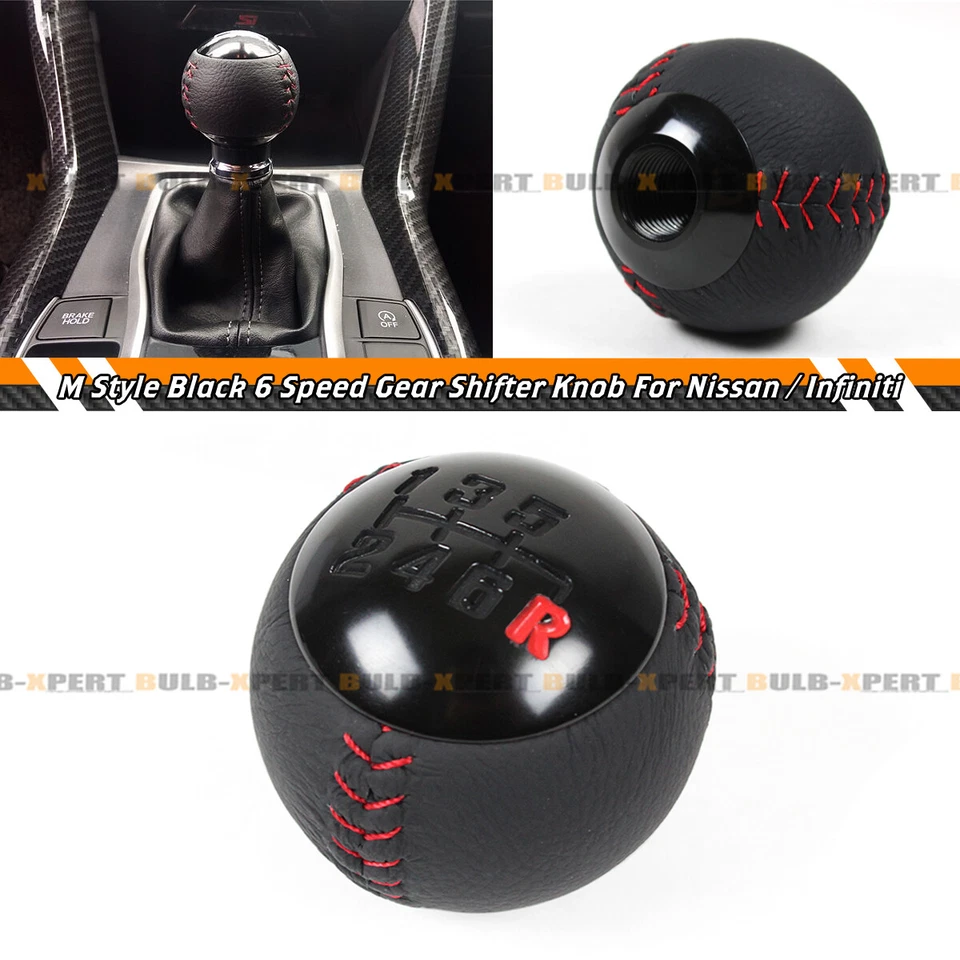 Perilla de cambio manual redonda de 6 velocidades de cuero con costura roja para Nissan Infiniti Foto 1 de 4