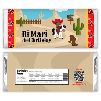 棕色皮肤牛仔主题生日巧克力糖果条标签 — 第 1/2 张图片