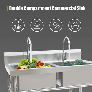 Heavy Duty Stainless Steel 304 Kitchen Commercial Utility Sink Two 2 Compartment - Picture 1 of 20