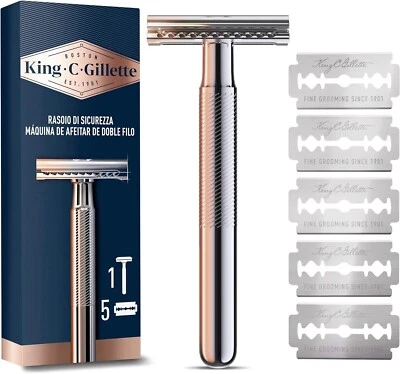 King C. Gillette Rasoio Sicurezza,1 Manico,5 Lamette Inox Rivestite Platino Uomo - Immagine 1 di 4