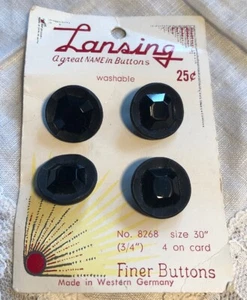 Tarjeta original vintage Lansing Alemania Occidental 3/4" botones de vidrio negro 117-71 - Imagen 1 de 2