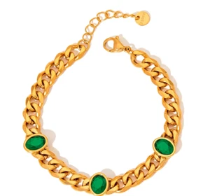 gold plated 316L stainless steel womans bracelet 6.5in zircon green stone - Picture 1 of 8