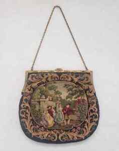Antique Victorian Scene Petit Point Tapestry Purse with White Stone Metal Frame